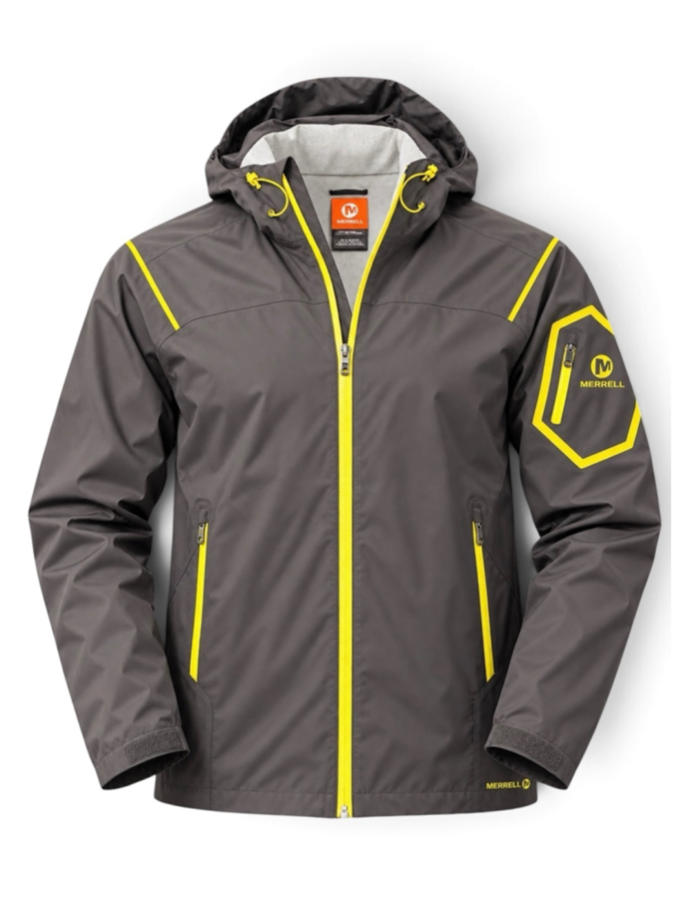 Merrell M Select Dry Jacket Mens XL Gray Yellow Hooded Rain Shell Hiking Outdoor
